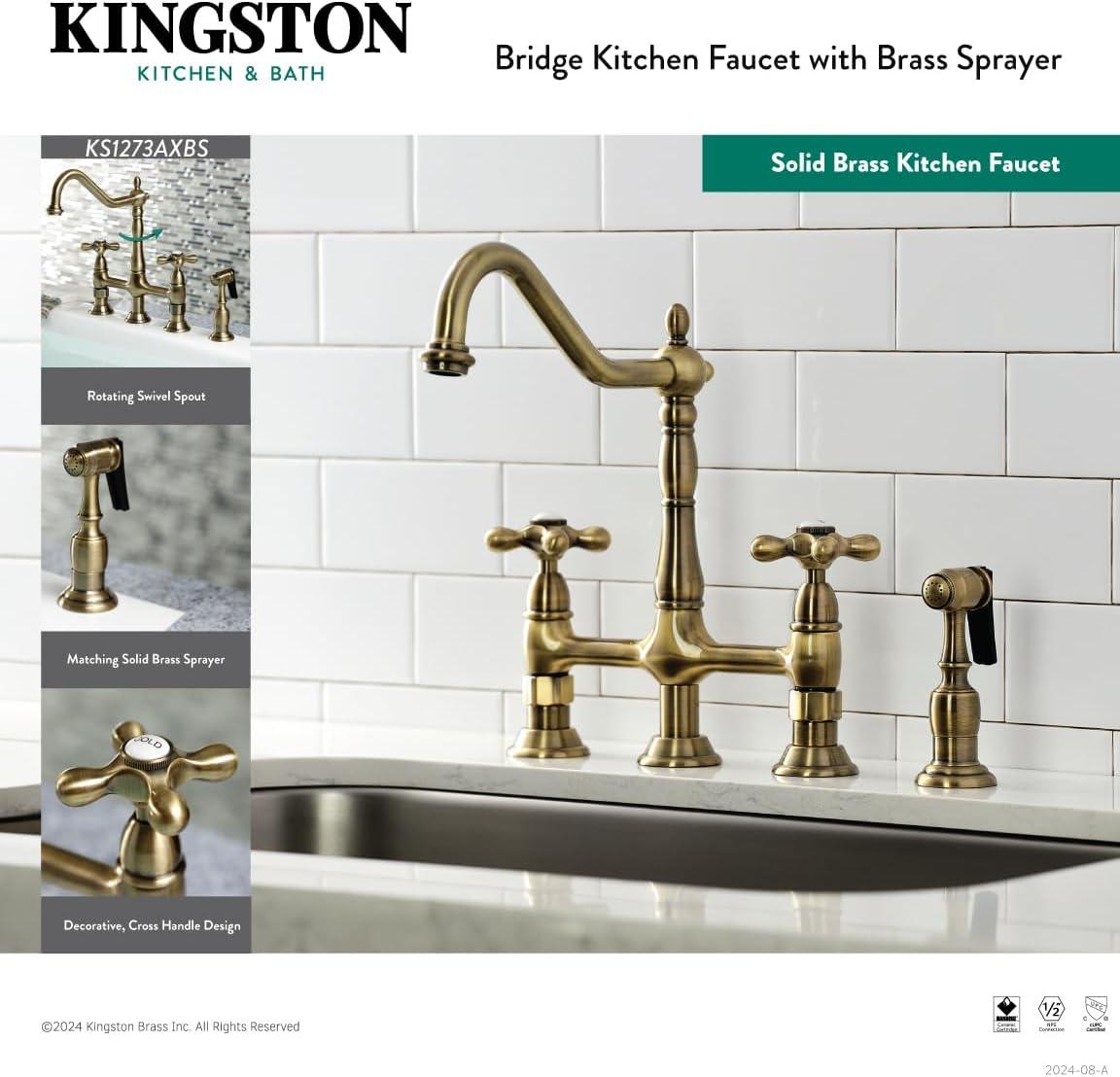 Kingston Brass Heritage Two-Handle 4-Hole Deck Mount Bridge Kitchen Faucet with Brass Side Sprayer