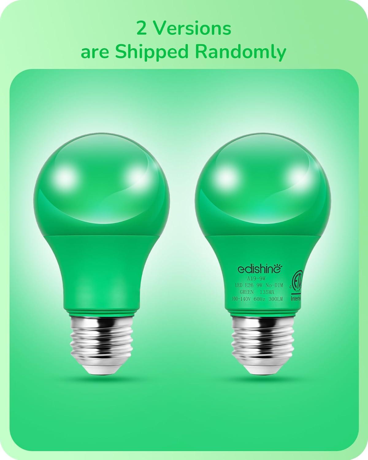 EDISHINE Green LED Light Bulbs for Holiday Party Decoration, A19 9W LED Bulbs 60W Equivalent E26 Base 4 Pack, ETL Listed