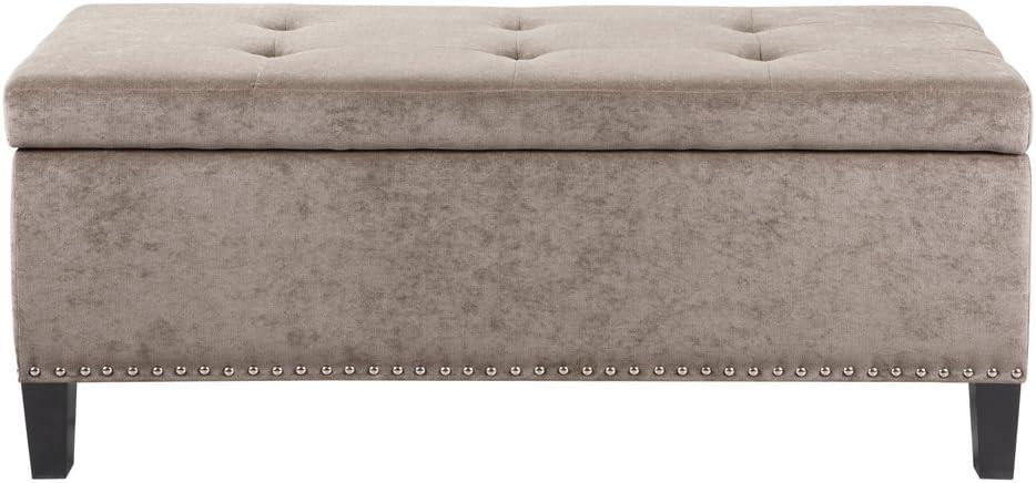 Taupe Tufted Storage Bench with Nailhead Trim and Black Wood Legs