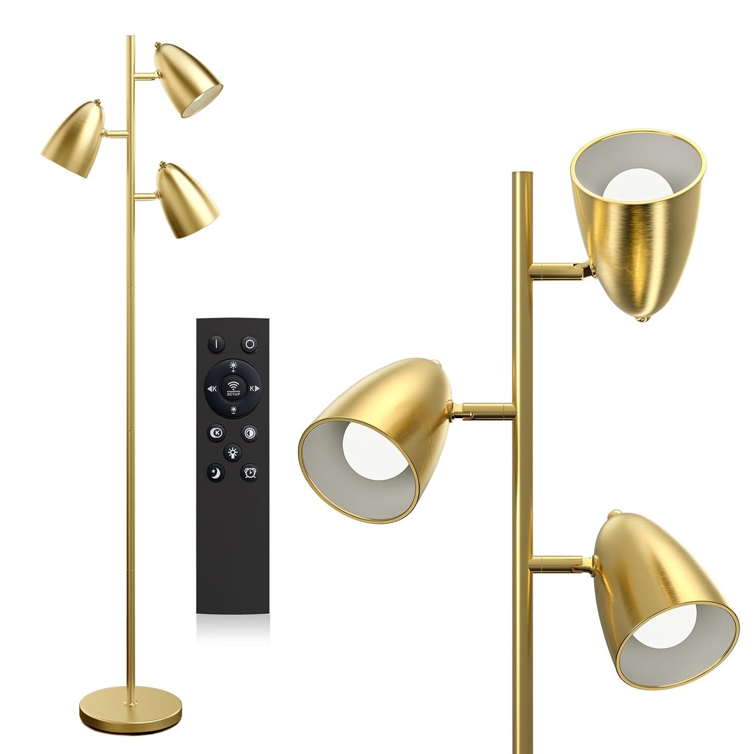 Brightech Jacob 64" Modern 3-Light Adjustable LED Floor Lamp with Gold Brass Finish and Metal Cone Shades, Bulbs Included