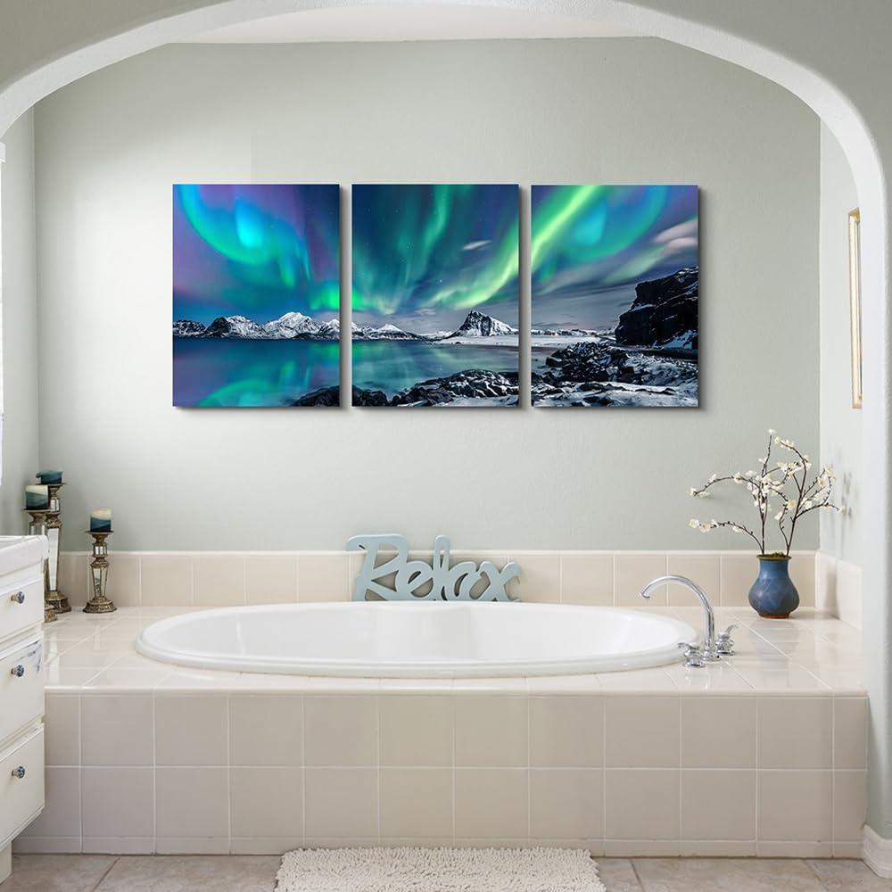 Farmhouse Canvas Wall Art For Bedroom Wall Decorations For Living Room Office Wall Decor Aurora Scenery Painting On Stretched And Framed Wall Pictures 3 Piece Ready To Hang For Bathroom Home Decor