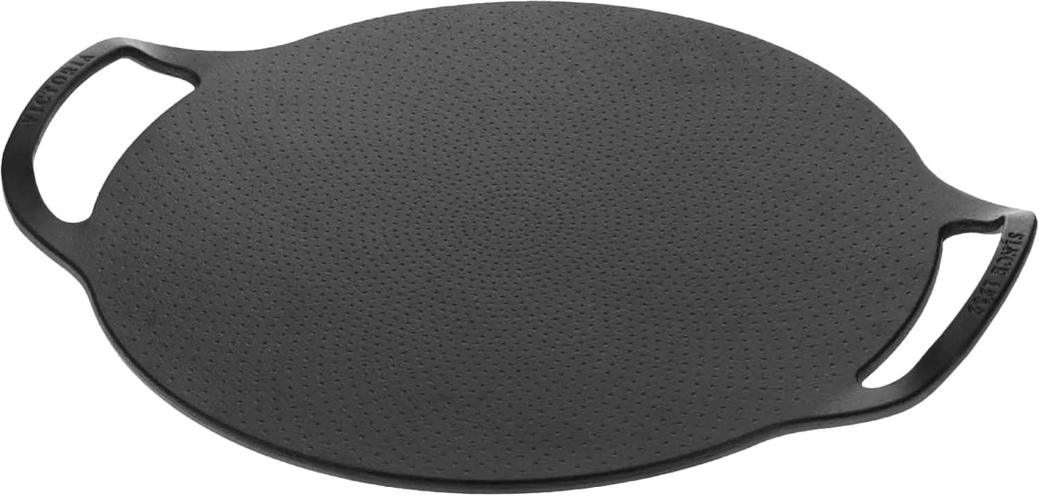 Victoria 15-Inch Black Cast Iron Pizza Pan with Handles