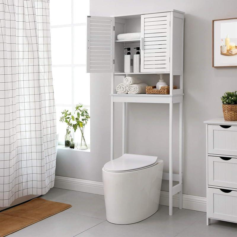 Over-The-Toilet Storage Bathroom Cabinet with Adjustable Inside Shelf and Bottom Stabilizer Bar White