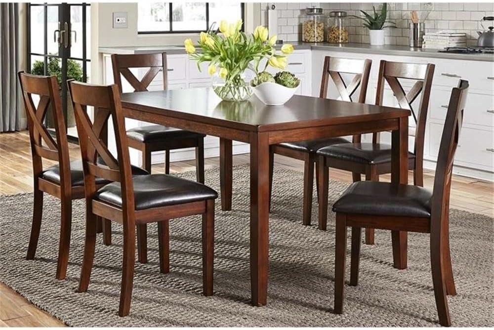 Thornton Medium Brown Acacia 7-Piece Dining Set with Black Vinyl Chairs