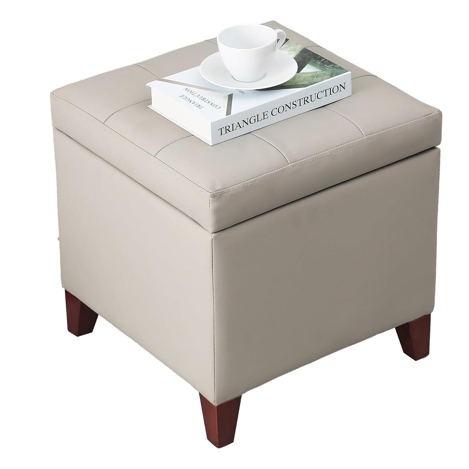 Elephant Grey Faux Leather Tufted Storage Ottoman with Cherry Wood Legs