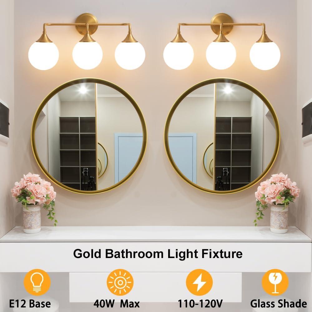 Gold 3-Light Mid-Century Modern Vanity Sconce with Frosted Glass Shades