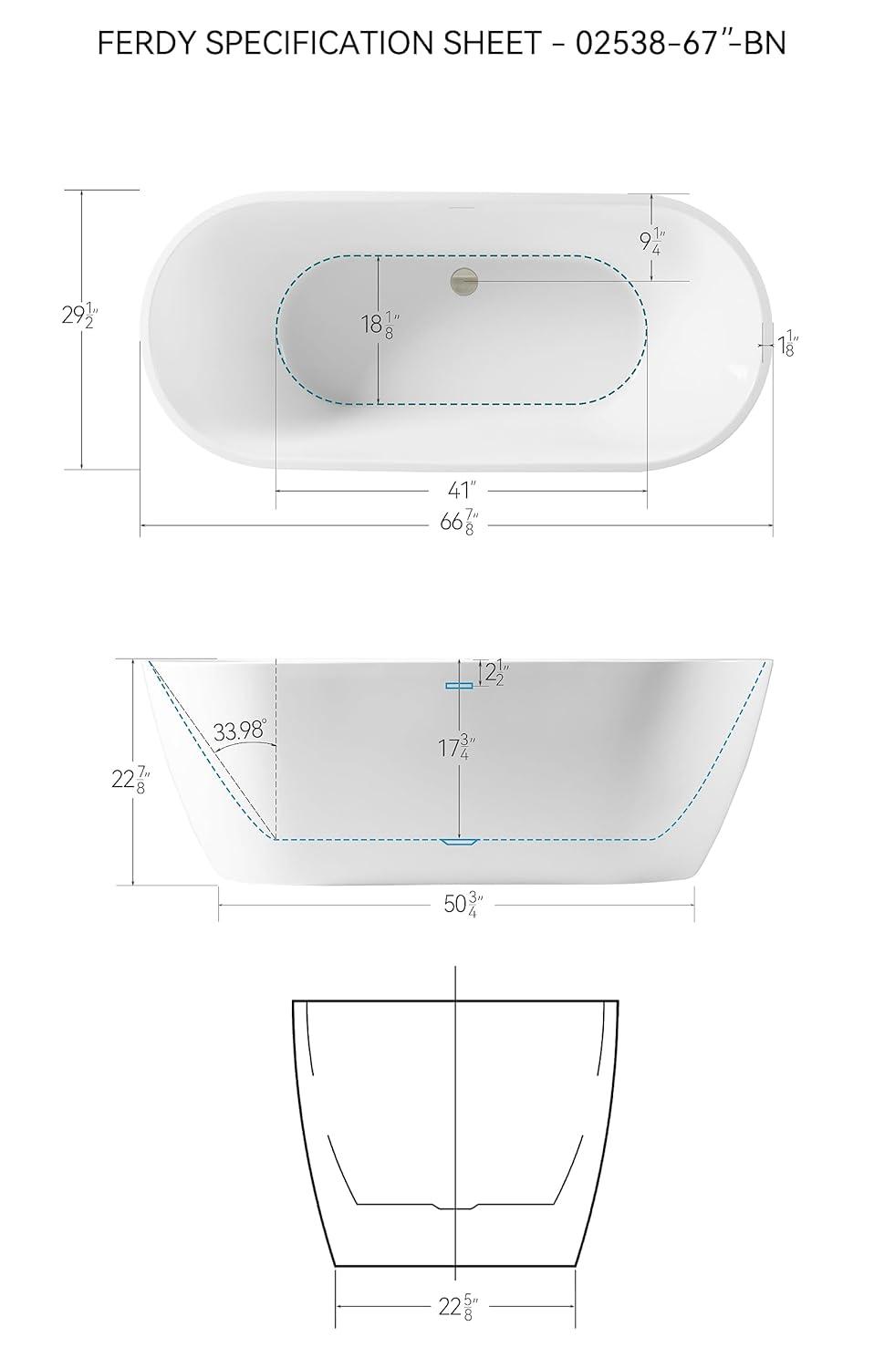 FerdY Bali Elite 67" x 30" Freestanding Soaking Acrylic Bathtub with Brushed Nickel Drain FerdY-02138-1700-BN