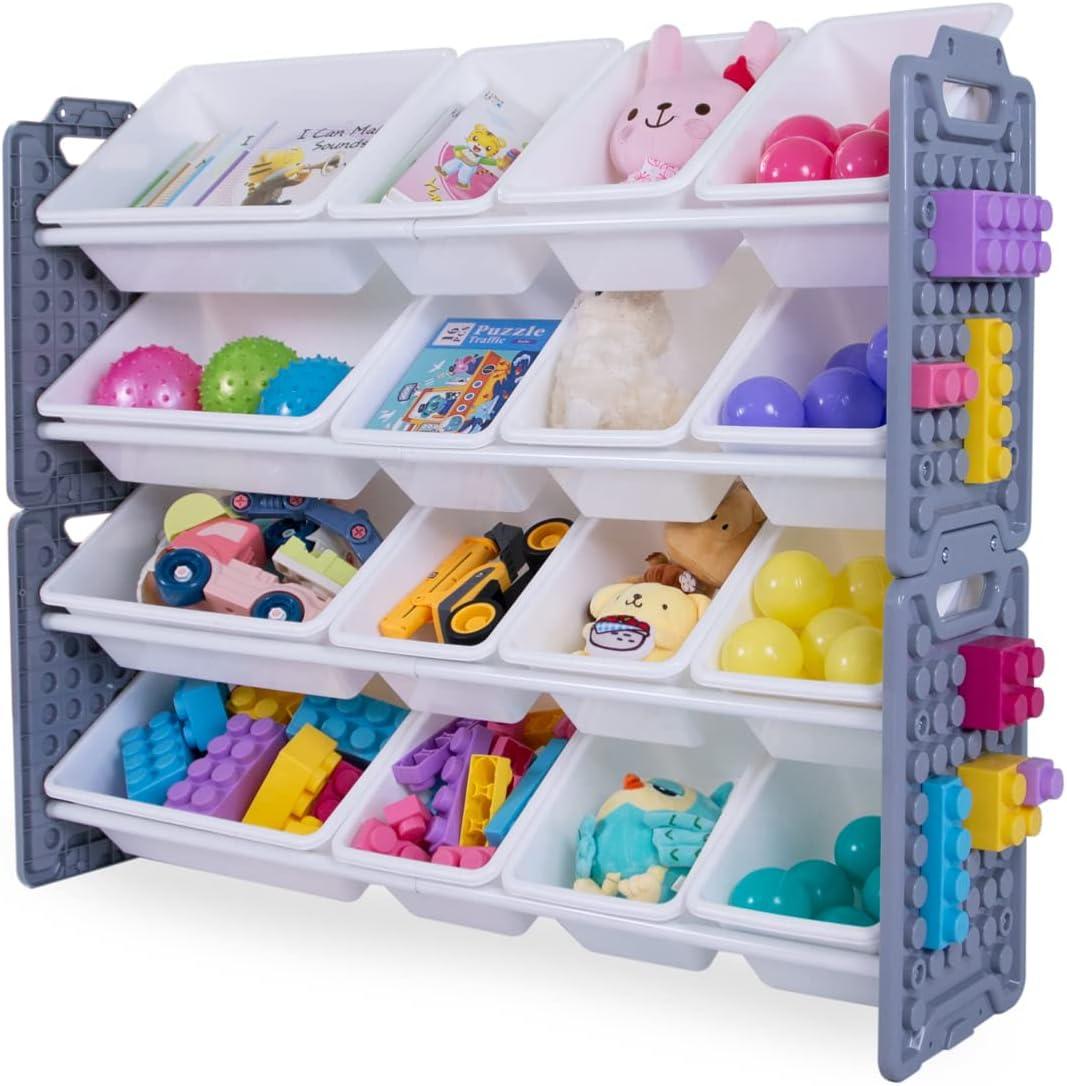 Gray and White Multi-Bin Toy Organizer with Play Panel