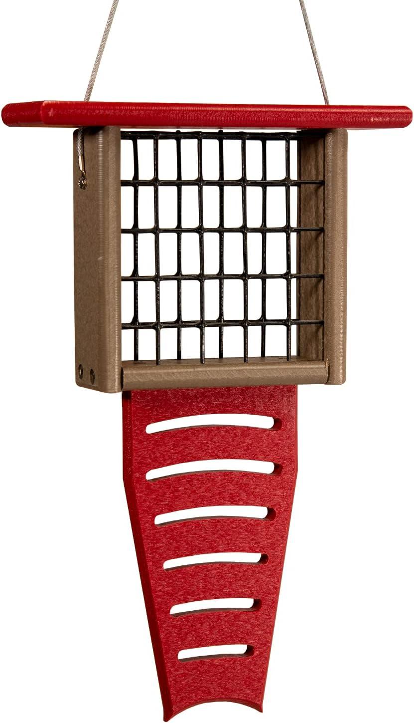 JCs Wildlife Red/Tan Recycled Poly Lumber Single Suet Feeder Tail Prop Bird Feeder - Holds 1 Suet Cake - Long Lasting Suet Cage Feeder