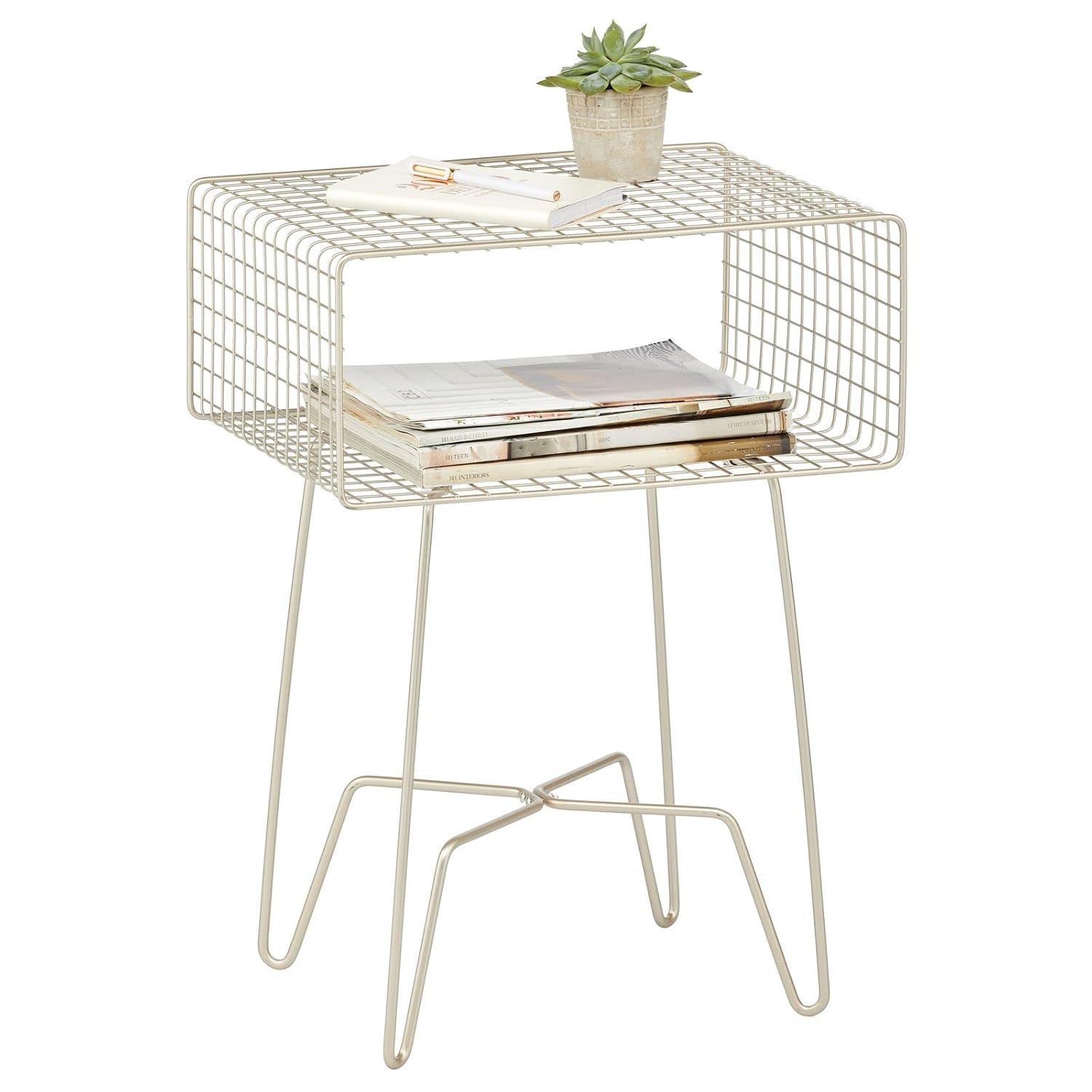 mDesign Modern Industrial Side Table with Storage Shelf, 2-Tier Metal Minimal End Table, Metallic Caged Grid - Accent Furniture for Living Room, Bedroom, Office, Dorm, Concerto Collection, Satin