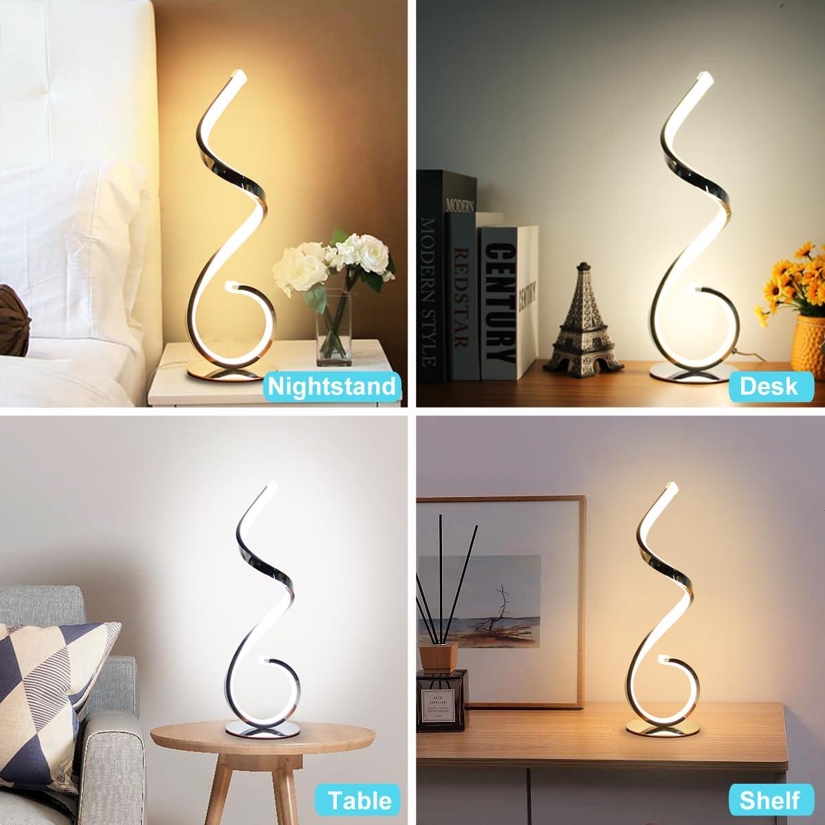 Modern Spiral LED Table Lamp, Stepless Dimmable Bedside Table Lamps for Bedroom, 10W LED Desk Lamp 3 Color Modes Desk Light Reading Office Lamps for Nightstand, Living Room- Silver