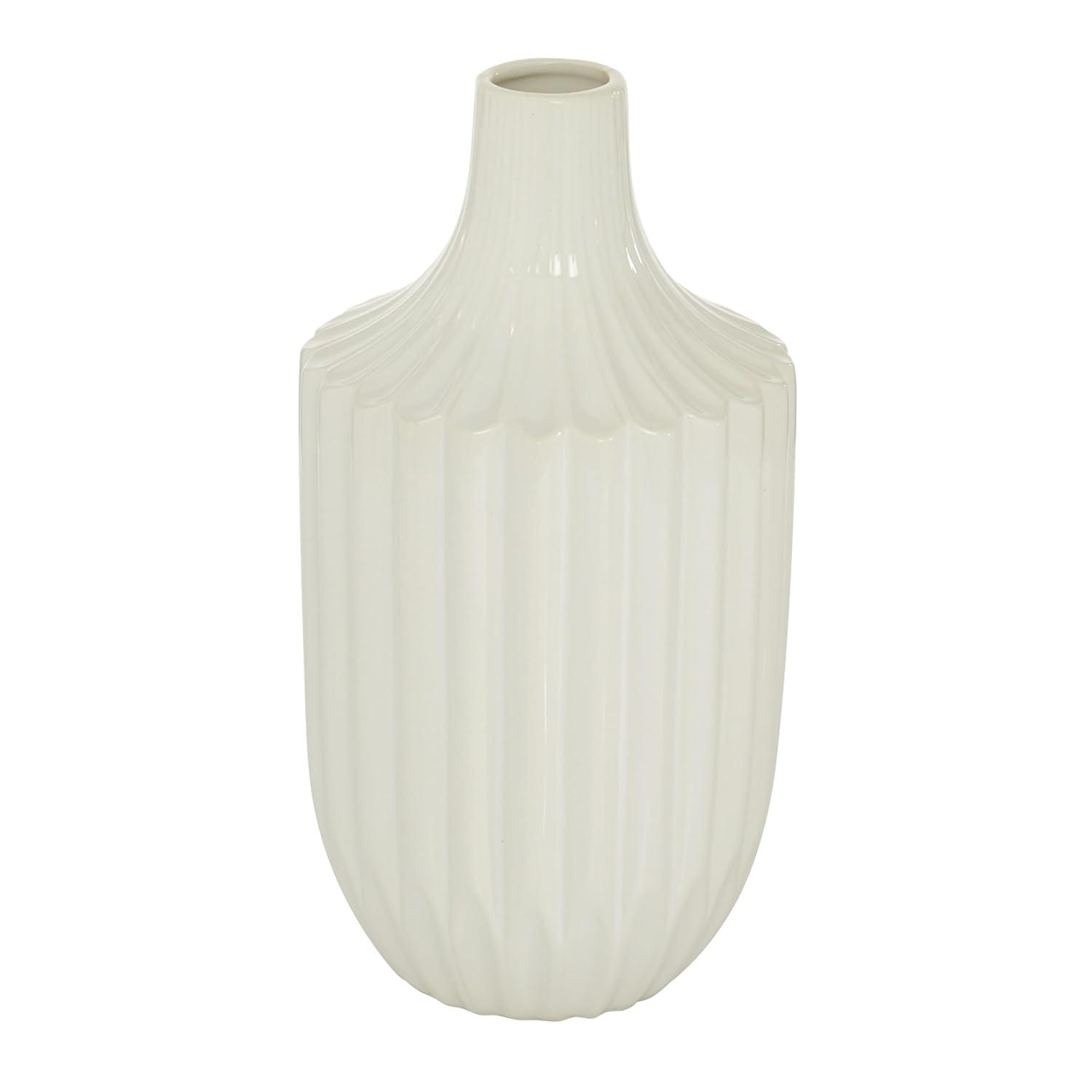 DecMode Modern Ceramic Tall White Decorative Vase with Vertical Groove Pattern 5"W x 19"H
