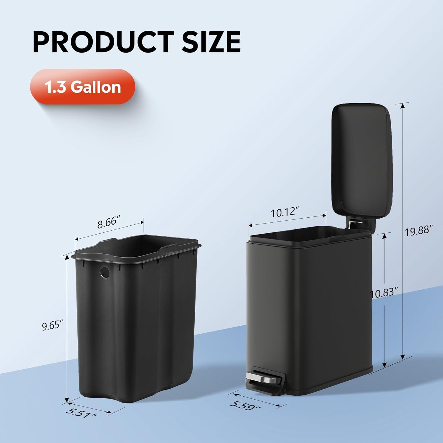 FDW Bathroom Trash Can With A Lid 1.3 Gallon  (5 L) Small Trash Bin Step Pedal Garbage Can With Removable Bucket Slim For Small Spaces For Bathroom,Bedroom,Kitchen,Office