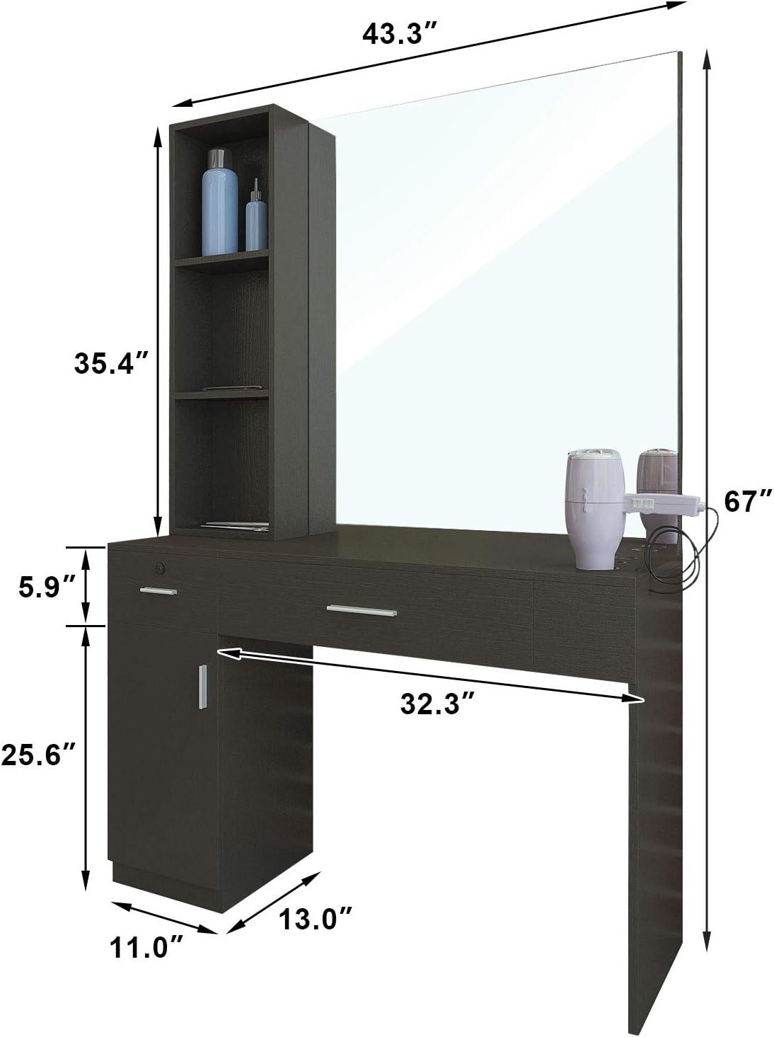 Artist Hand Wall Mount Salon Barber Station Styling Beauty Spa with Mirror, Left Shelf (Black)