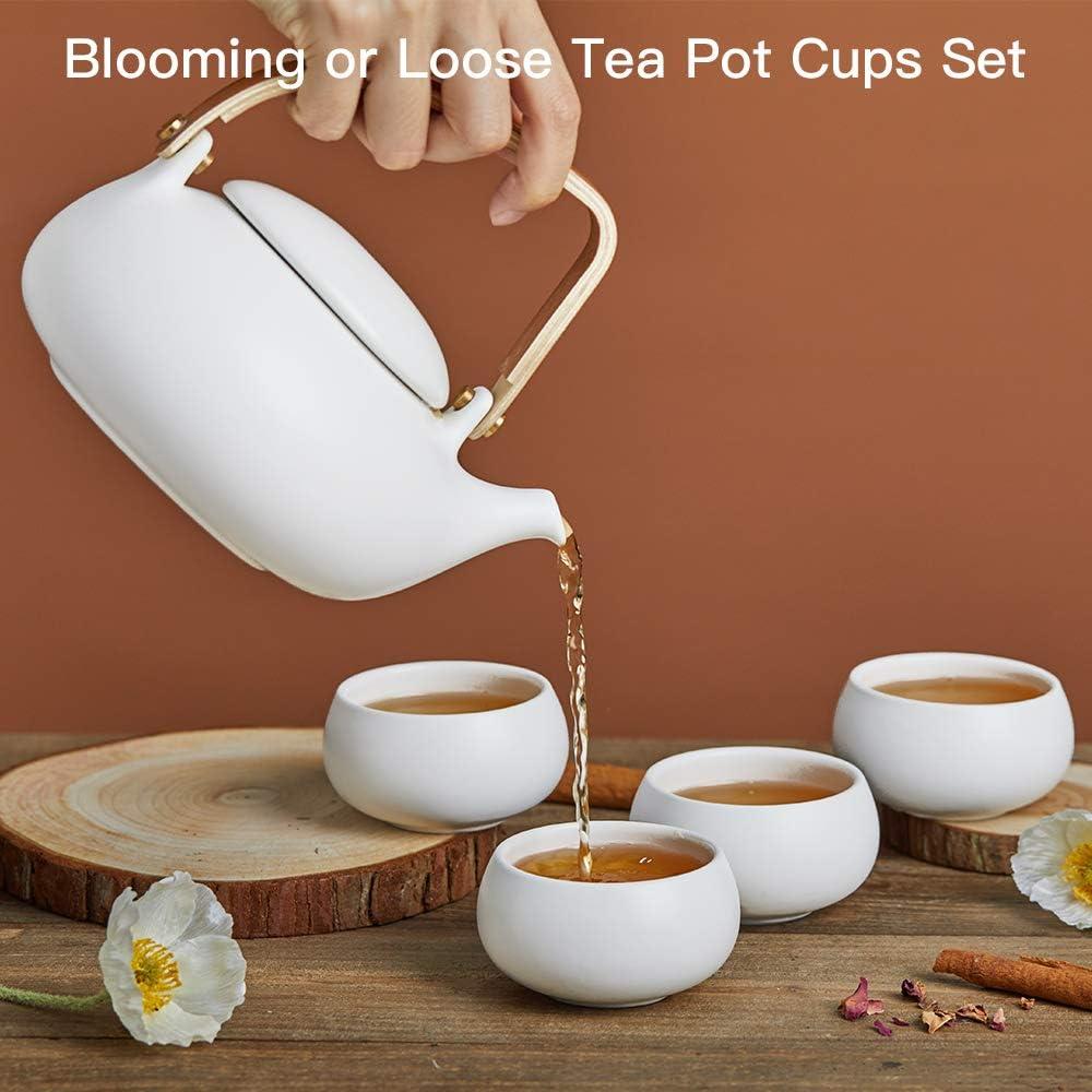 ZENS Japanese Tea Set with Infuser, Modern Bentwood Handle 27 oz Matte Ceramic Loose Leaf Teapot with 4 Cups & RattanCoasters for Tea Lover Gift