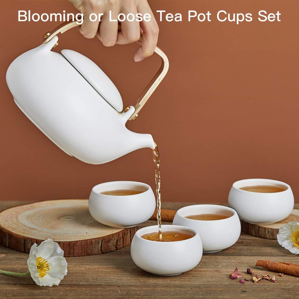ZENS Japanese Tea Set with Infuser, Modern Bentwood Handle 27 oz Matte Ceramic Loose Leaf Teapot with 4 Cups & RattanCoasters for Tea Lover Gift