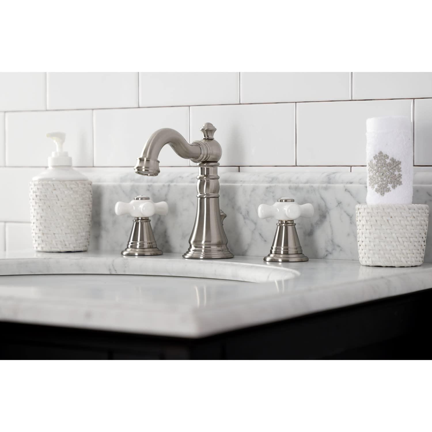 Kingston Brass American Classic Two-Handle 3-Hole Deck Mount Widespread Bathroom Faucet with Pop-Up Drain
