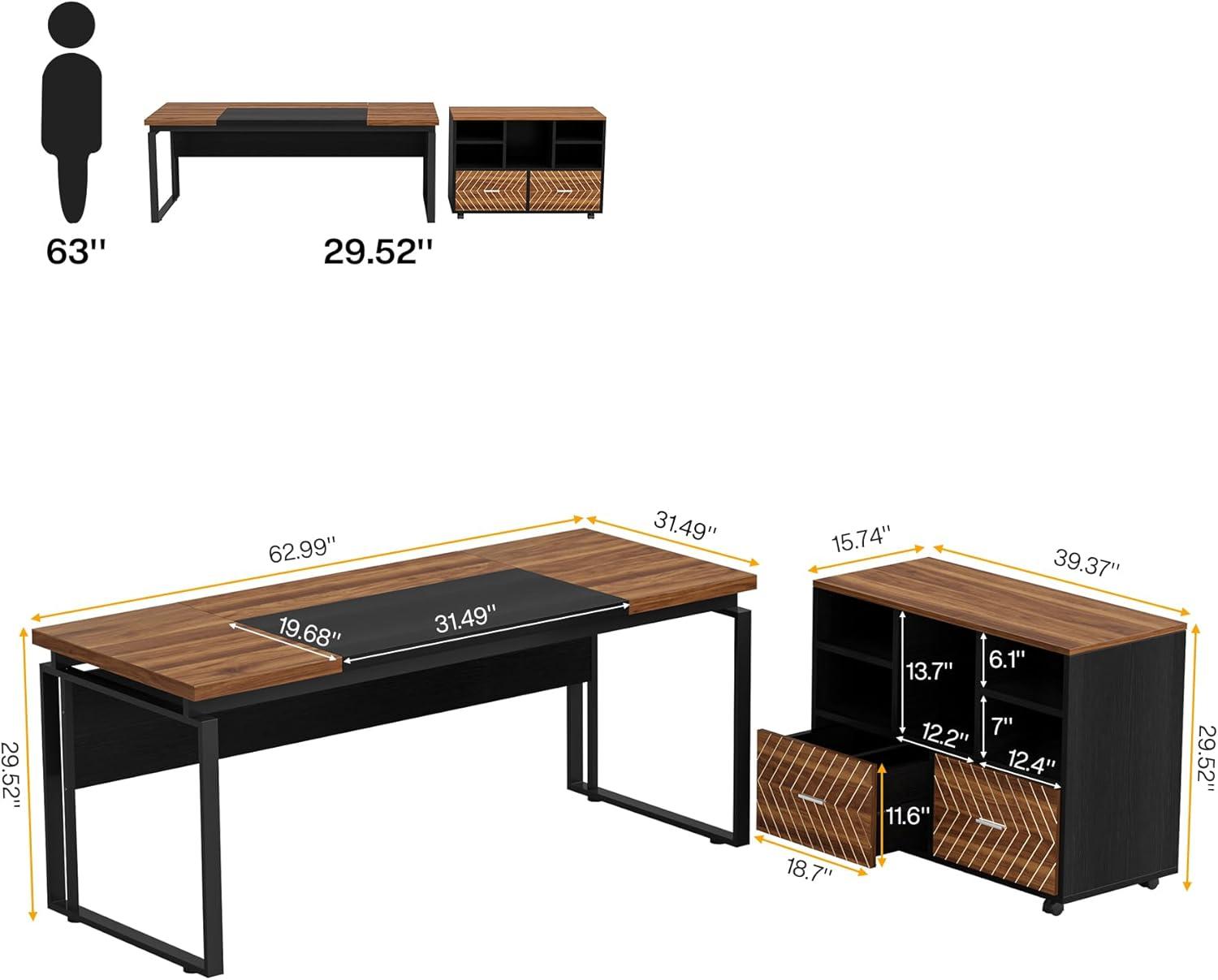 Tribesigns 63 inch L-Shaped Executive Desk with Reversible File Cabinet, Office Desk with Storage Drawers, Walnut & Black