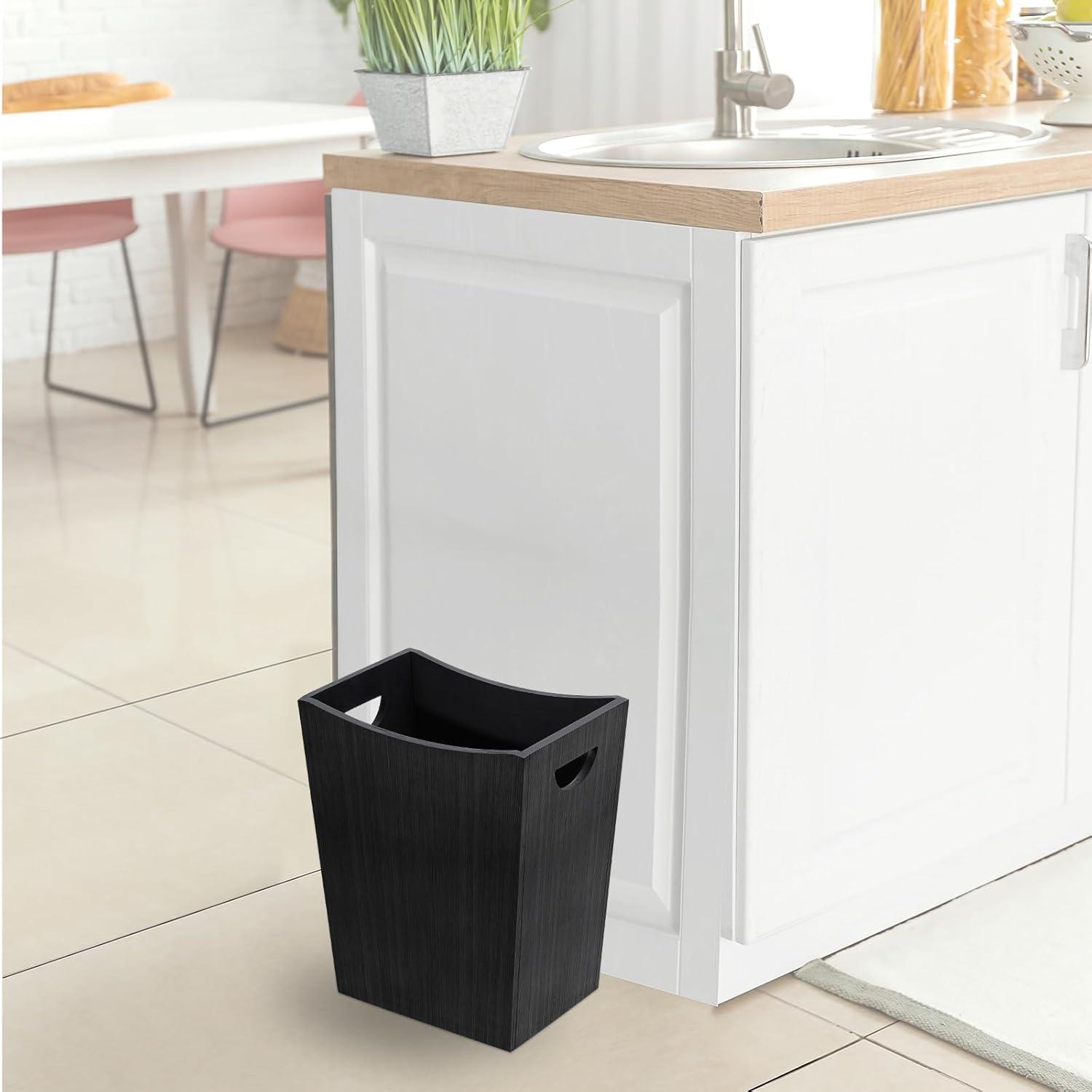 SEHERTIWY Wood Trash Can, Farmhouse Wastebasket Bin for Bathroom, Office, Bedroom, Living Room, Small Square Rustic Garbage Container (Wood-Black)