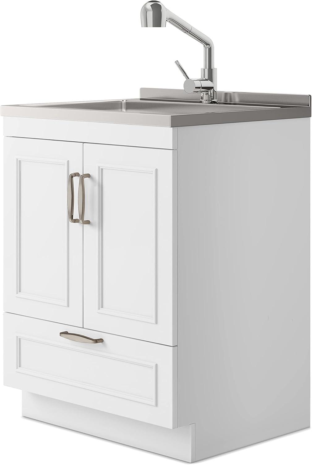 Simpli Home Cardinal Transitional 28 inch Laundry Cabinet with Faucet and Stainless Steel Sink in White