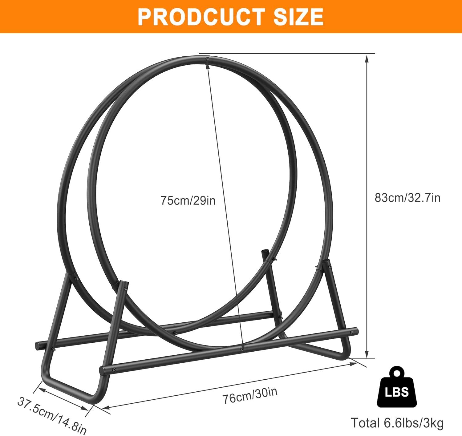 30" Firewood Rack, Rust Resistant Black Alloy Steel Log Hoop With Stable Triangular Design, Easy Assembly For Indoor & Outdoor Use