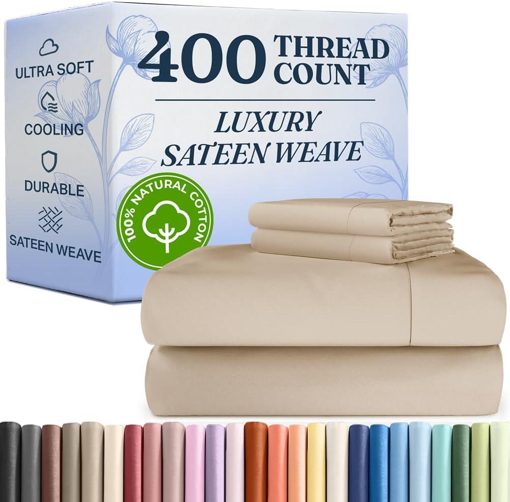CGK Linens 100% Cotton 400 Thread Count 4 Piece Sheet Set - Soft & Cozy Sateen Bed Sheets in Cream, Size Queen