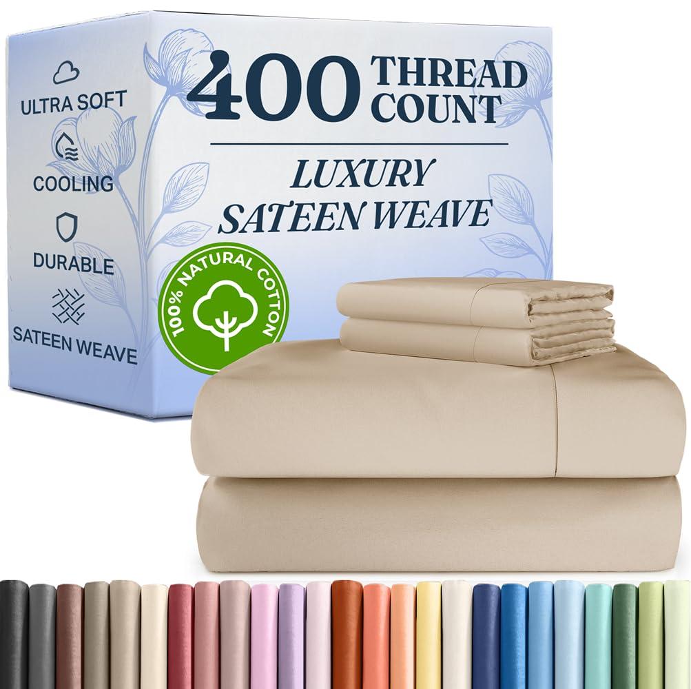 CGK Linens 100% Cotton 400 Thread Count 4 Piece Sheet Set - Soft & Cozy Sateen Bed Sheets in Cream, Size Queen