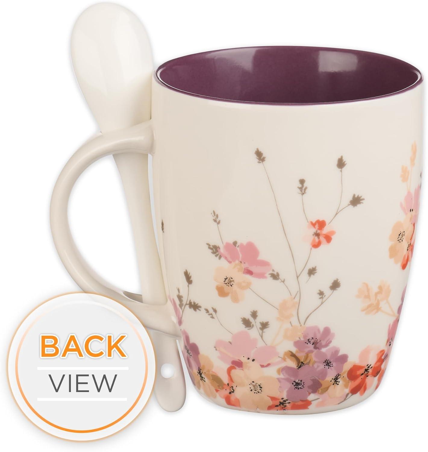 Christian Art Gifts Coffee and Tea Scripture Mug with Ceramic Spoon Set for Women: Be Still and Know - Psalm 46:10 Inspirational Bible Verse Message Hot & Cold Beverage, Purple/White Floral, 12 oz.