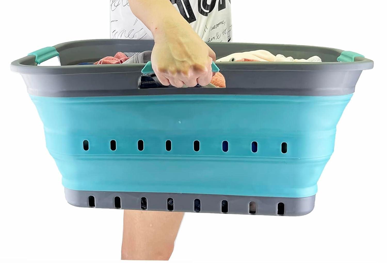 SAMMART 42L (11 gallon) Set of 2 Collapsible Laundry Basket - Foldable Pop Up Storage Container/Organizer - Portable Basket - Space Saving Hamper/Basket (Alloy Grey + Crystal Blue)