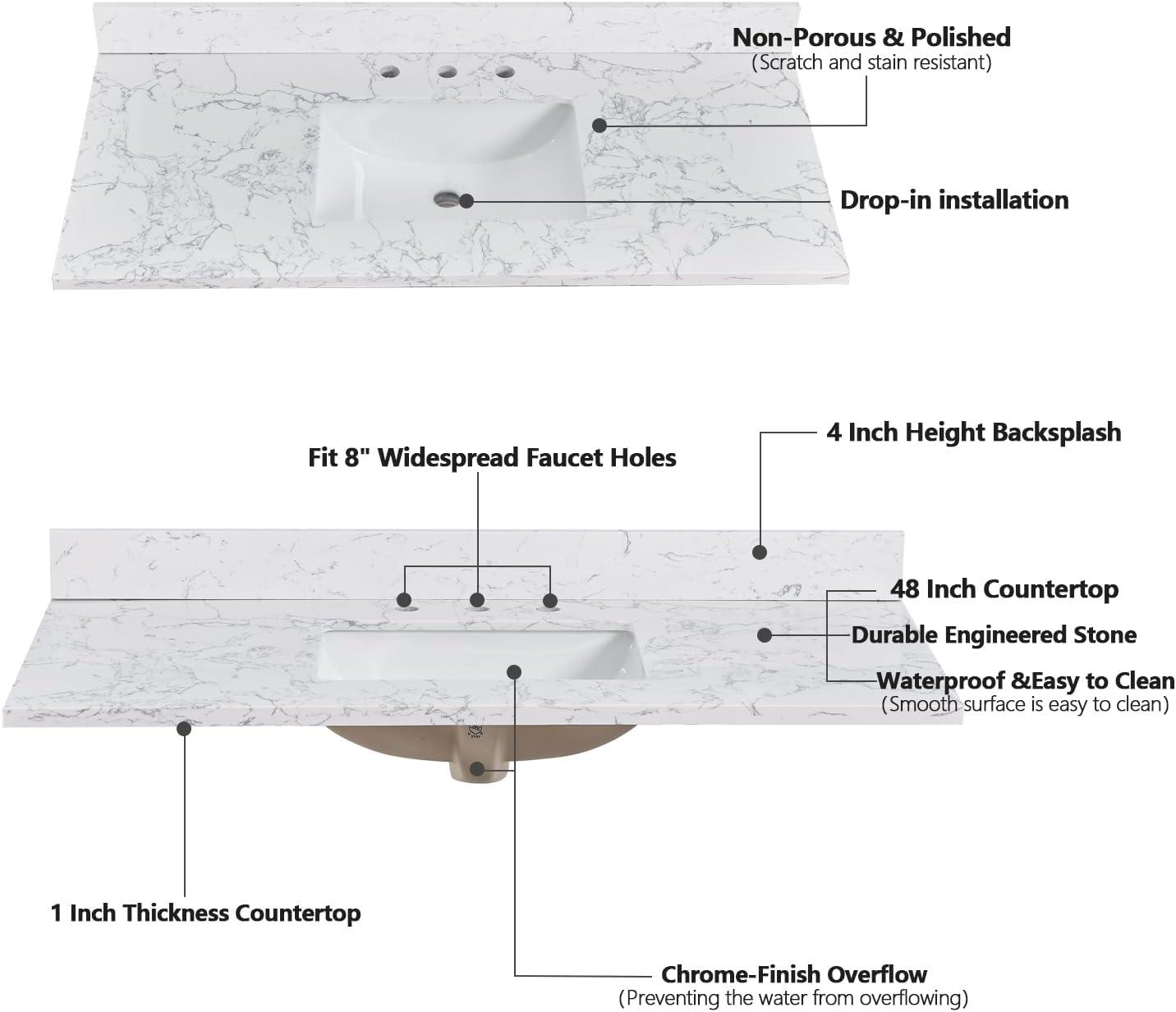 48" White Engineered Stone Vanity Top with Center Sink