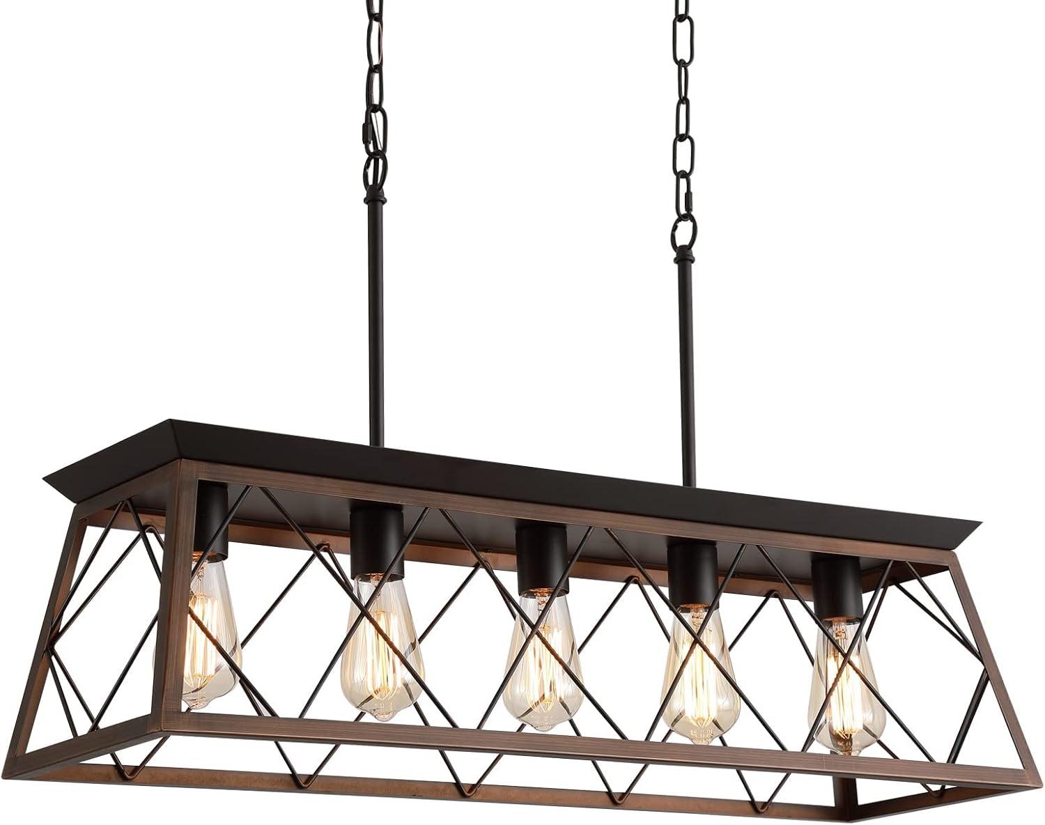 Progress Lighting Briarwood 5-Light Linear Chandelier, Antique Bronze, Faux-Painted Wood Enclosure