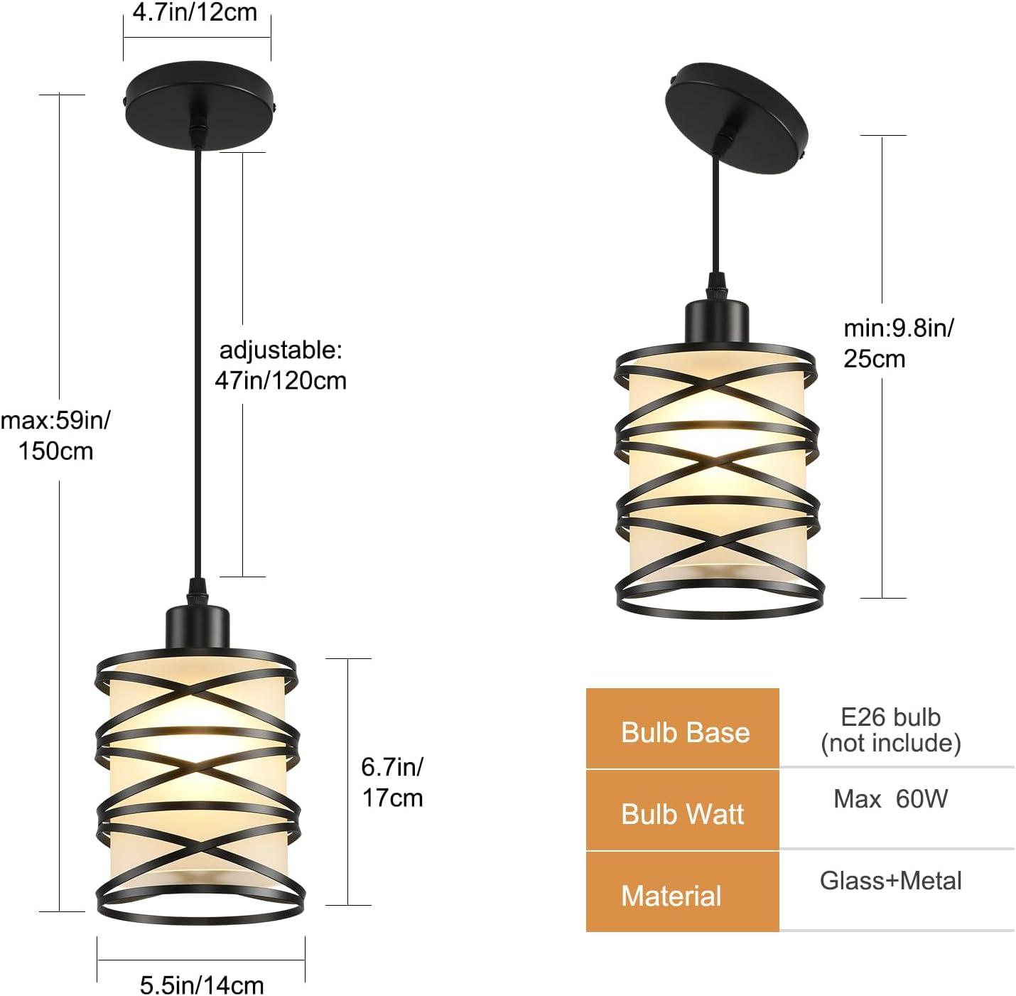 2 Pack Pendant Light Kitchen Island Pendant Lighting, Hanging Light with Spiral Cage Frosted Glass Shade, Black Modern Indoor Hanging Lamp for Dining Room Kitchen Island