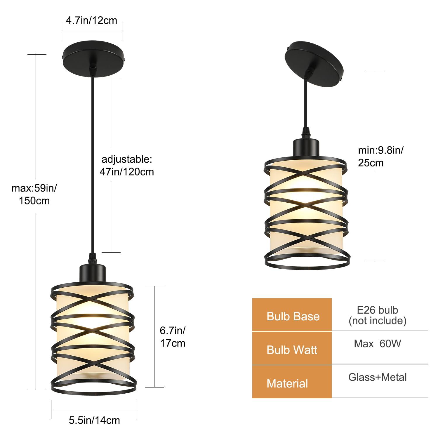 2 Pack Pendant Light Kitchen Island Pendant Lighting, Hanging Light with Spiral Cage Frosted Glass Shade, Black Modern Indoor Hanging Lamp for Dining Room Kitchen Island