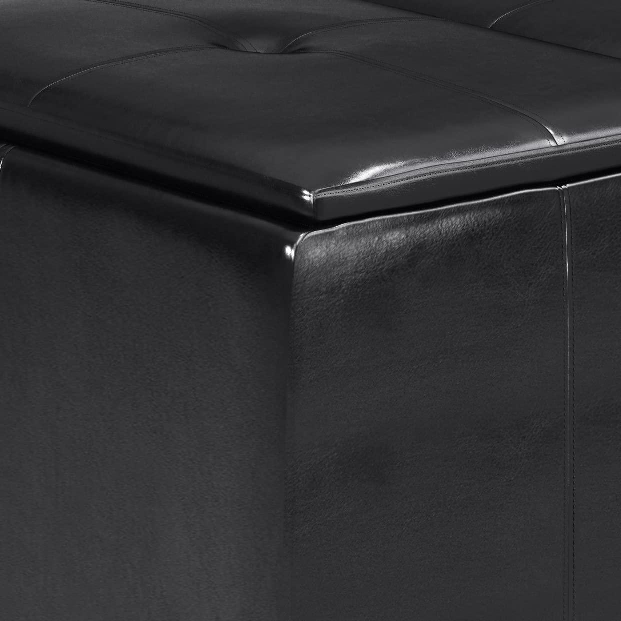 Simpli Home Avalon 34in.W Coffee Table Storage Ottoman in Midnight Black Faux Air Leather