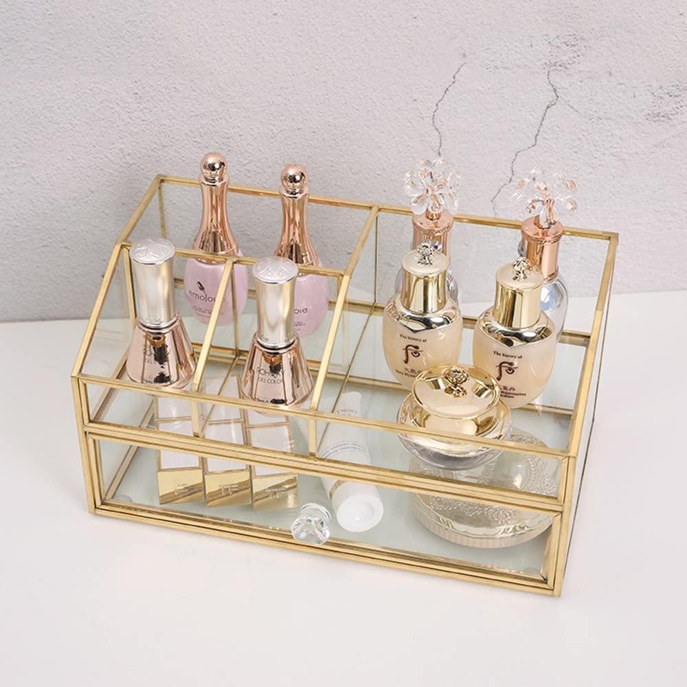 Glass Makeup Brush Holder, Makeup Brush Organizer Jewelry Display Box, Nordic Style Elegant Glass Makeup Organizer Nail Polish Lipsticks Eyeliners Holder for Vanity Bathroom Bedroom Office