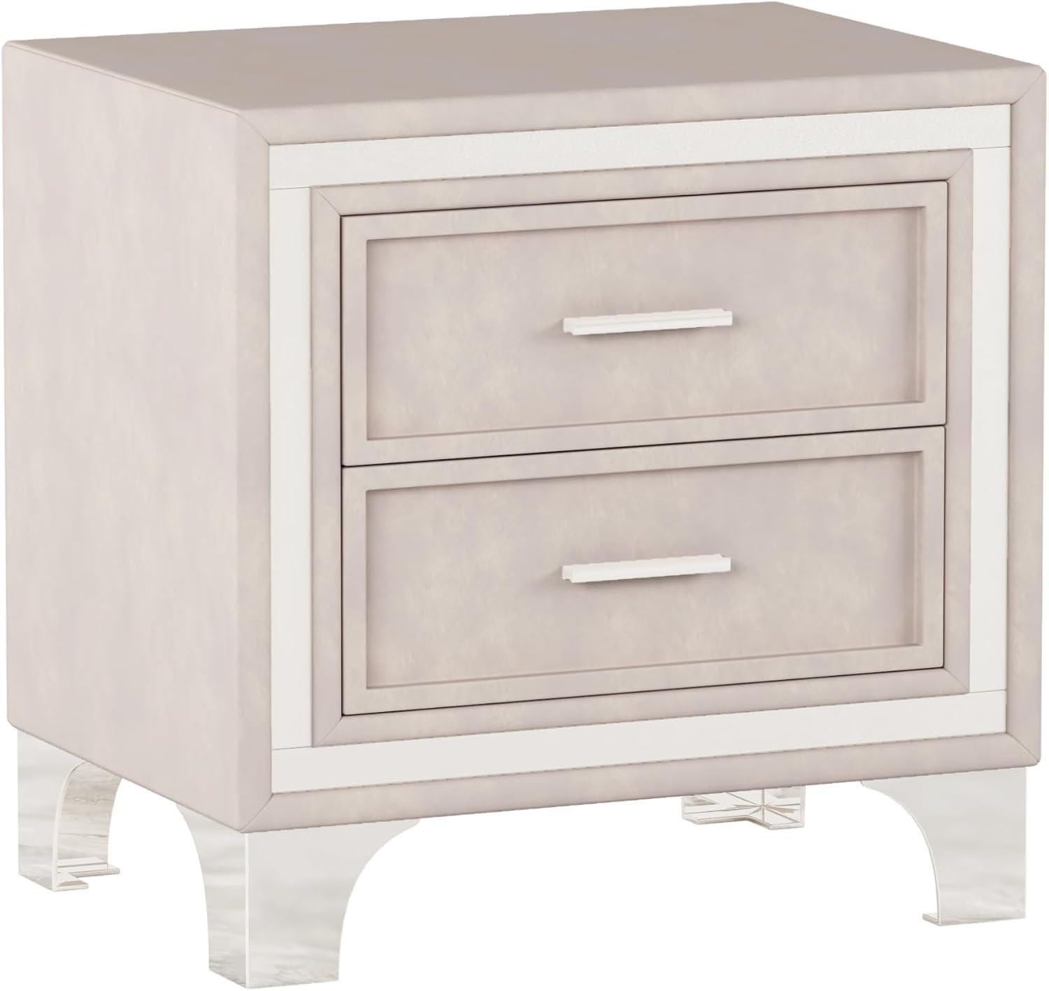 SOFTSEA Velvet Nightstand with 2 Drawers, Modern Upholstered Nightstand with Storage, Bedside Table End Table with Silver Glitter Strip & Metal Legs for Bedroom, Living Room, Easy Assembly, Beige