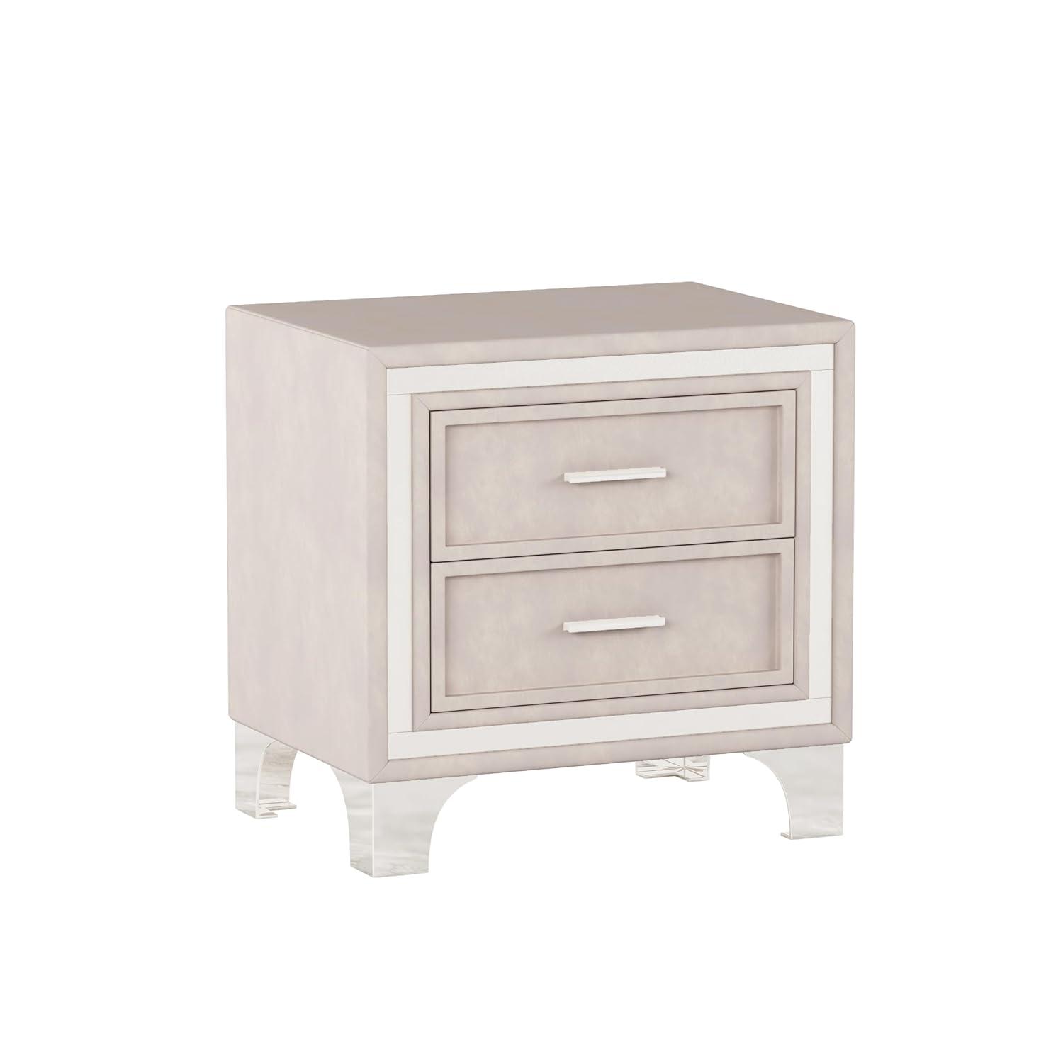 SOFTSEA Velvet Nightstand with 2 Drawers, Modern Upholstered Nightstand with Storage, Bedside Table End Table with Silver Glitter Strip & Metal Legs for Bedroom, Living Room, Easy Assembly, Beige