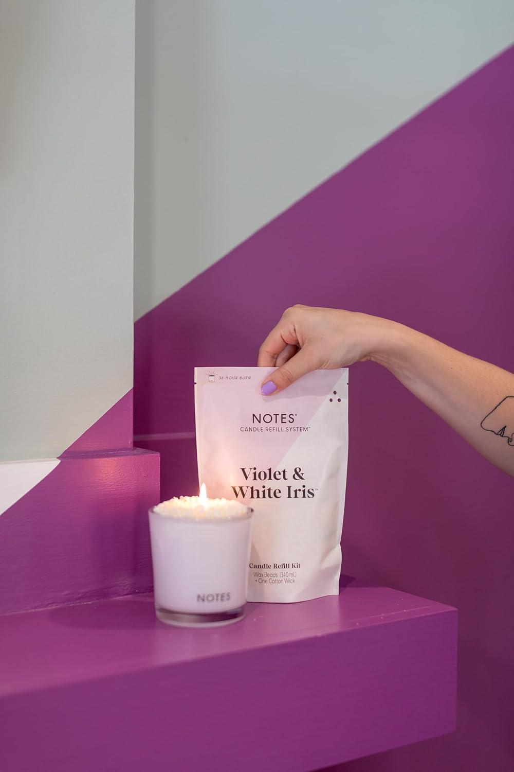 NOTES Sustainable Candle Refill | Non-Toxic Fragrance, Natural Wax Beads (Beeswax, Rice bran and Soy), Cotton Wick and Sustainer - (1) Violet & White Iris