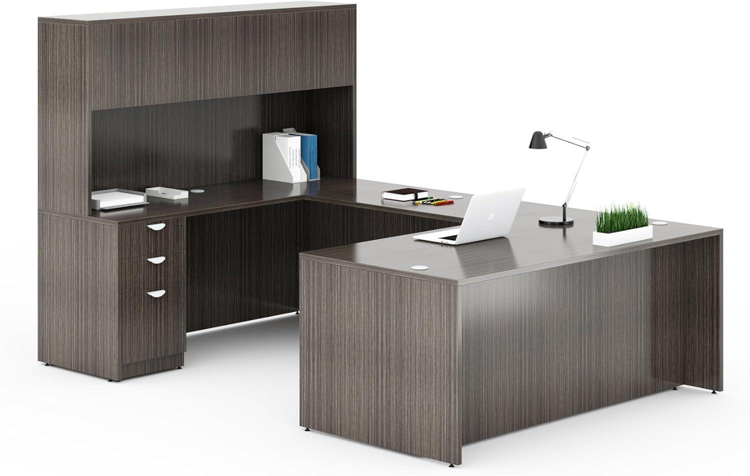 Boss Office Products Holland Series Executive U-Shaped Desk With File Storage Pedestal And Hutch, Driftwood