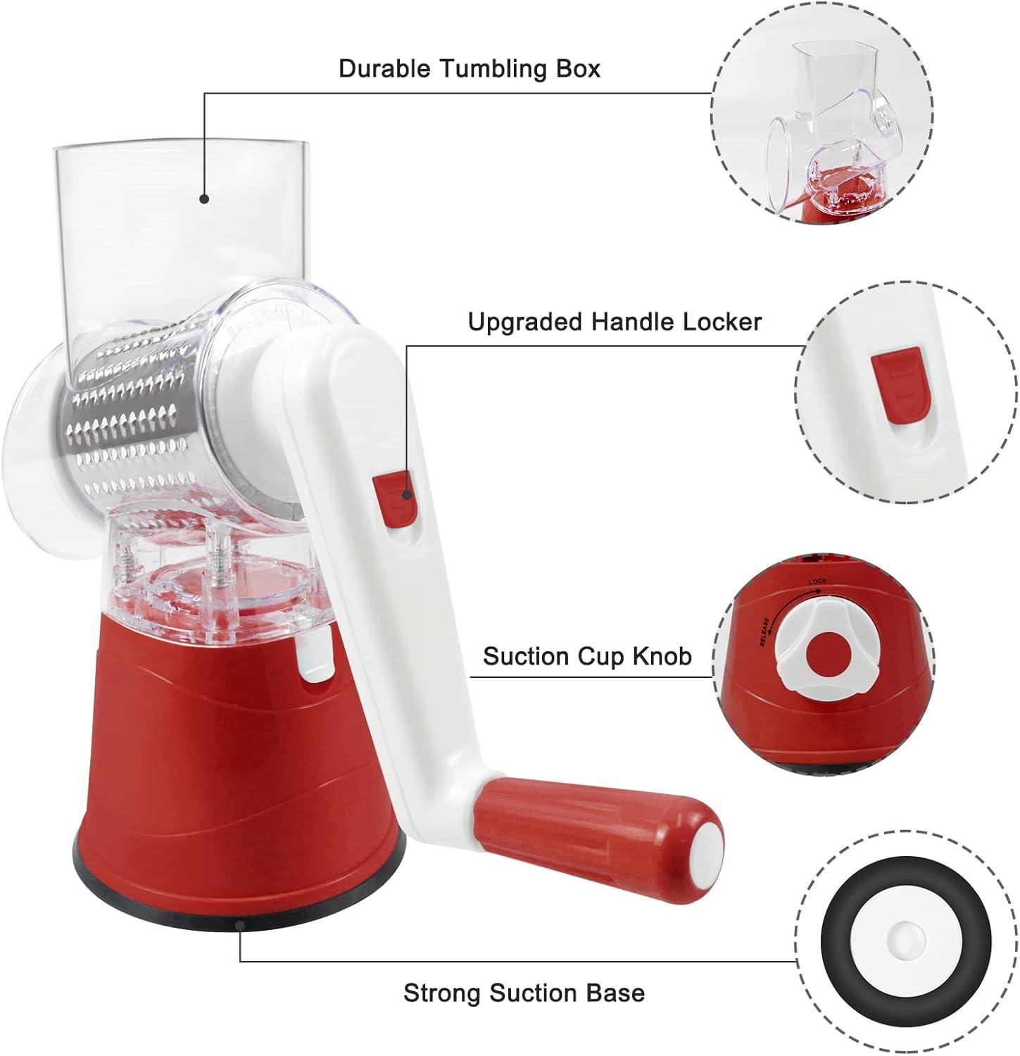 3rd Generation Rotary Cheese Grater, Mandoline Vegetable Slicer with 3 Replacement Blades, Easy to Clean Rotary Shredder for Fruit, Vegetables, Red