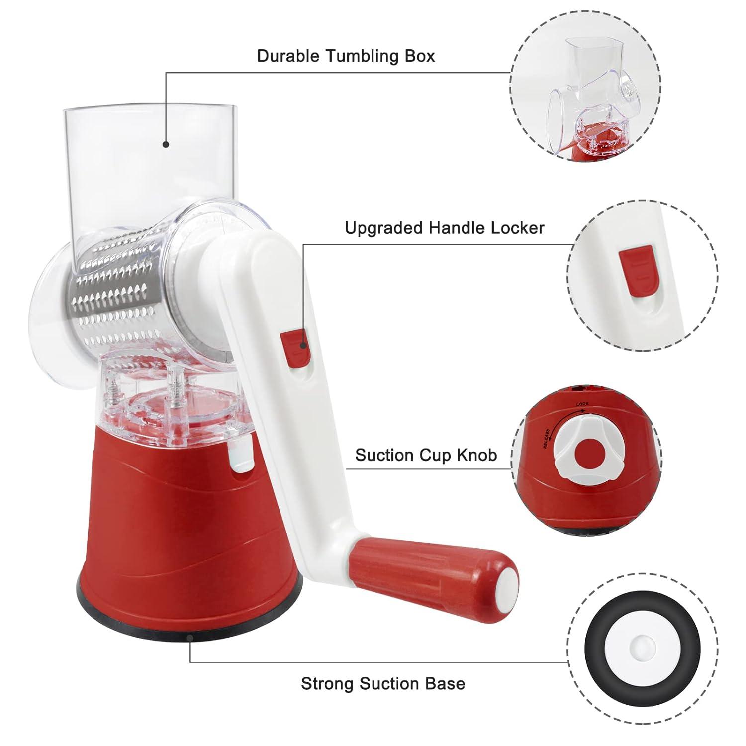 3rd Generation Rotary Cheese Grater, Mandoline Vegetable Slicer with 3 Replacement Blades, Easy to Clean Rotary Shredder for Fruit, Vegetables, Red