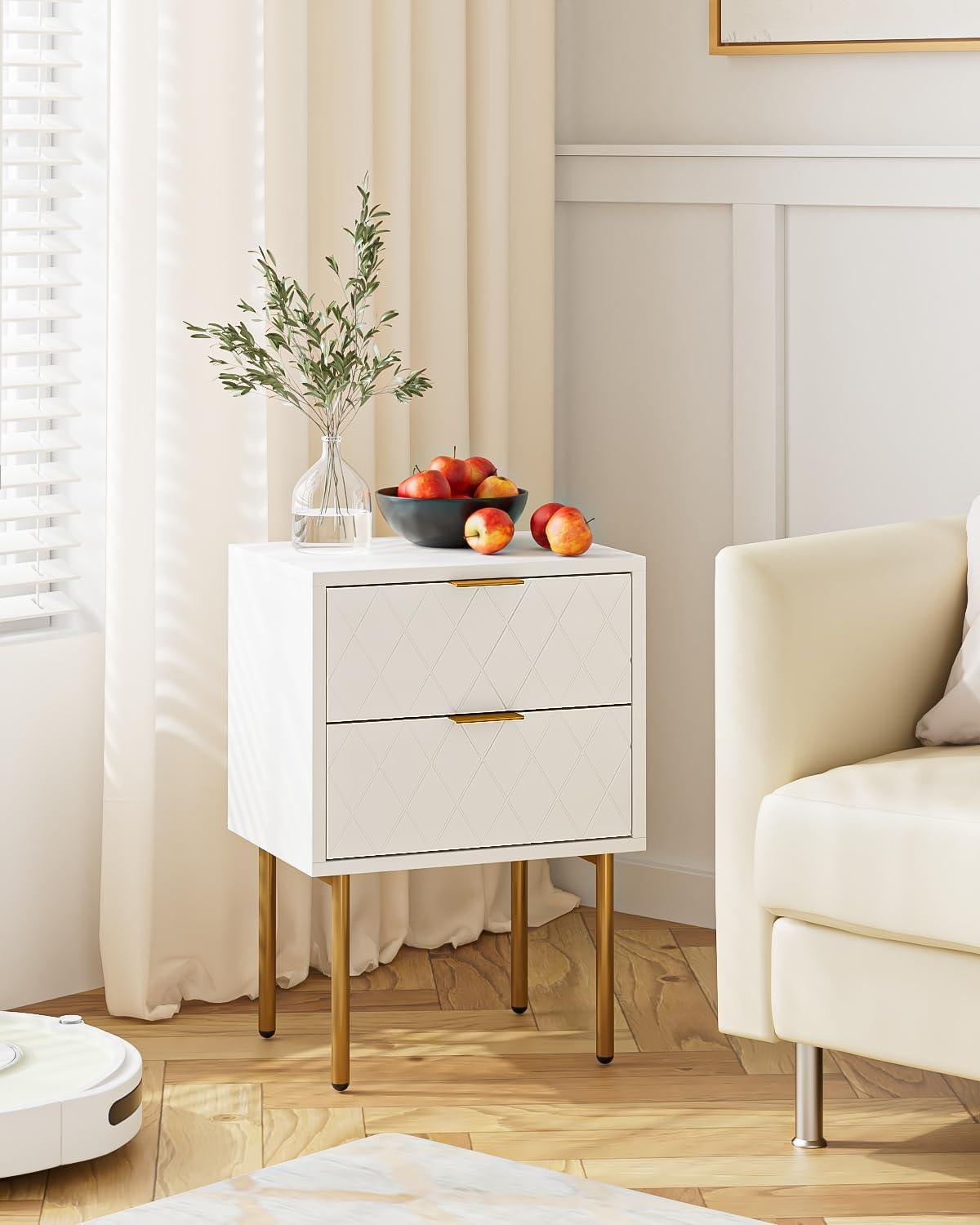 White and Gold Modern Nightstand with Drawer and Shelf