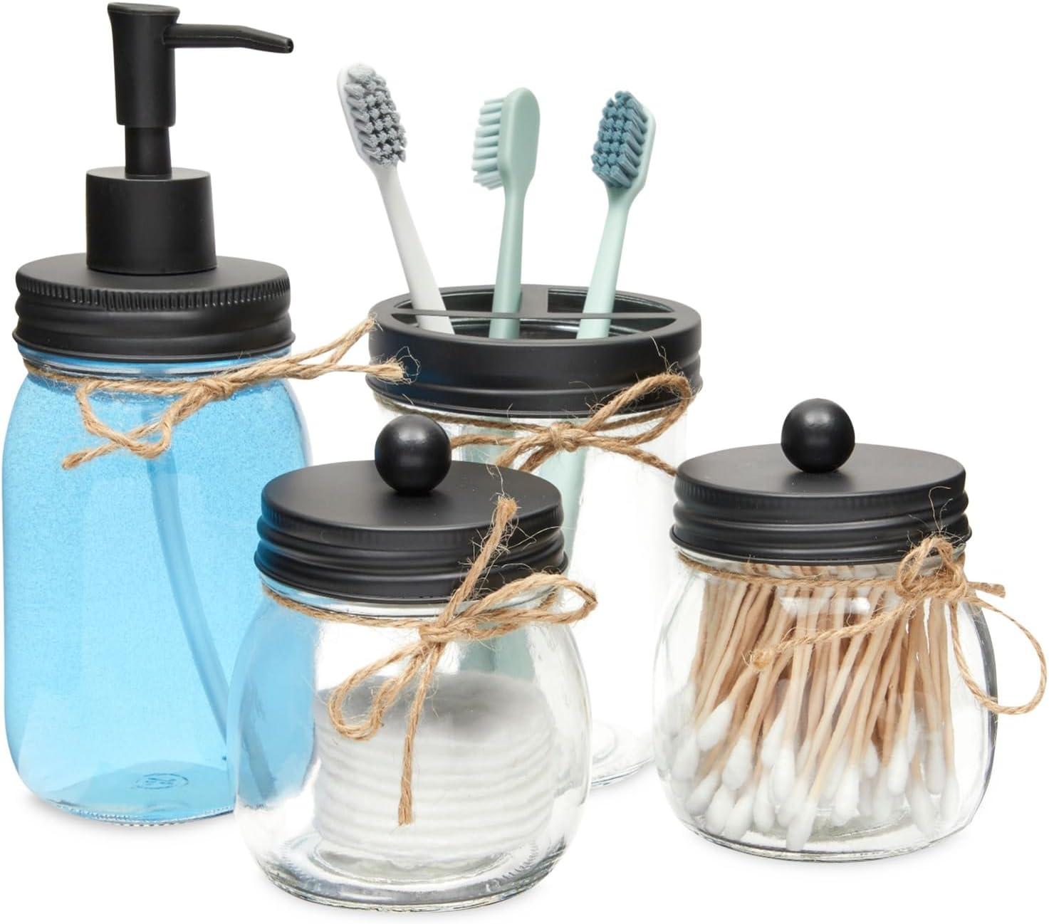 Okuna Outpost 4 Piece Glass Bathroom Accessories Set with Soap Dispenser, Toothbrush Holder, Apothecary Mason Jar