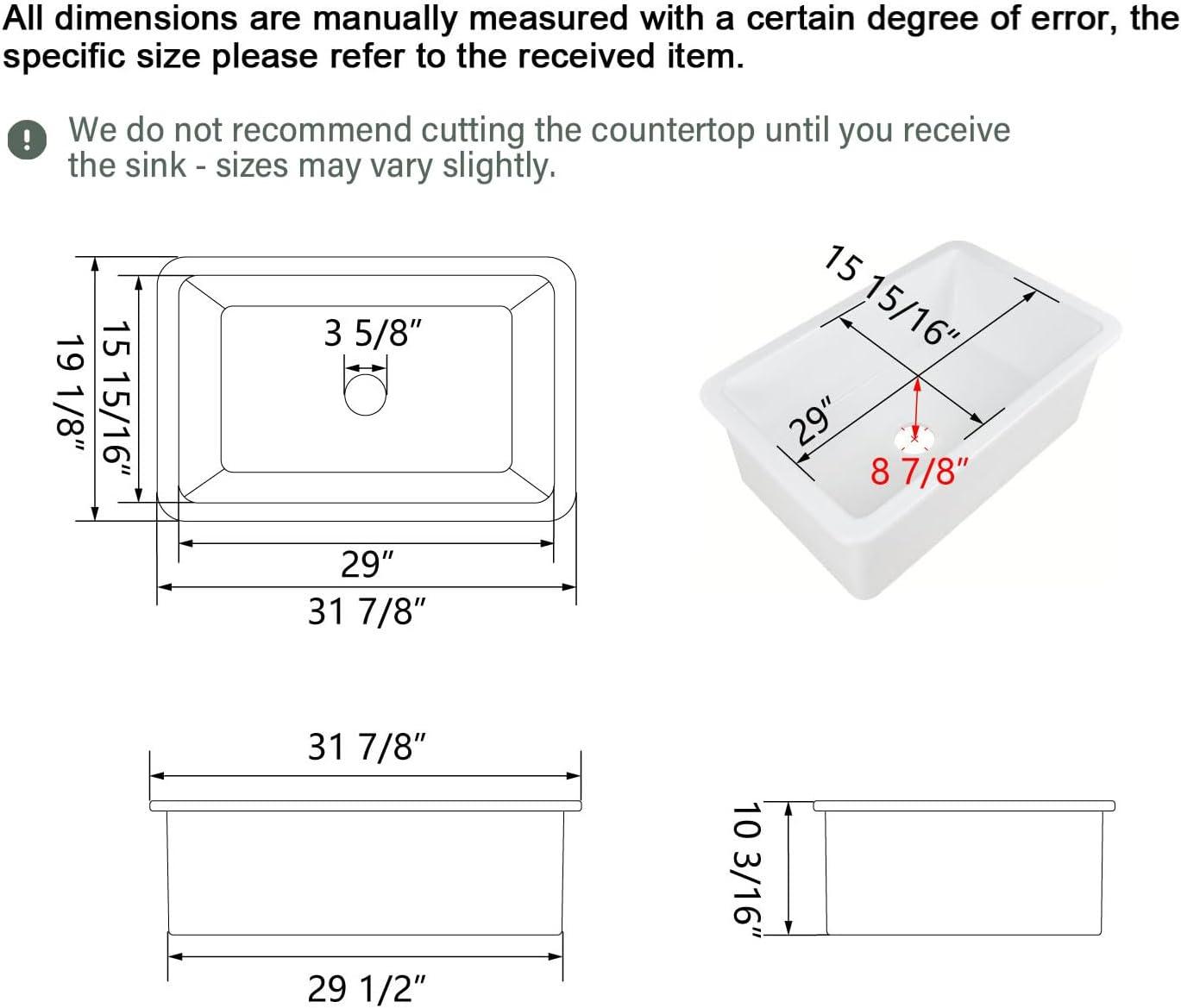 32" L x 19" W Single Bowl Fireclay Kitchen Sinks White with Bottom Grids and Basket Strainer