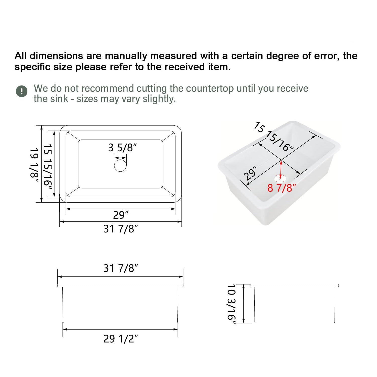32" L x 19" W Single Bowl Fireclay Kitchen Sinks White with Bottom Grids and Basket Strainer