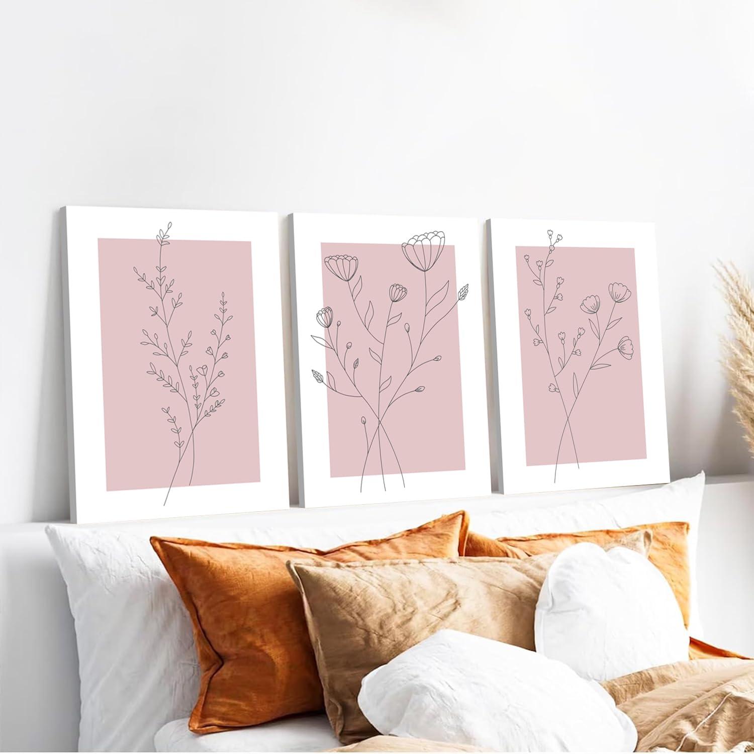Lark Manor™ 3 Pieces Minimalism Botanical Canvas Wall Art Pink Flowers Line Plants Pictures Wall Decor Posters Print Artwork For Room Living Room Bedroom Bathroom Office Home Decoration