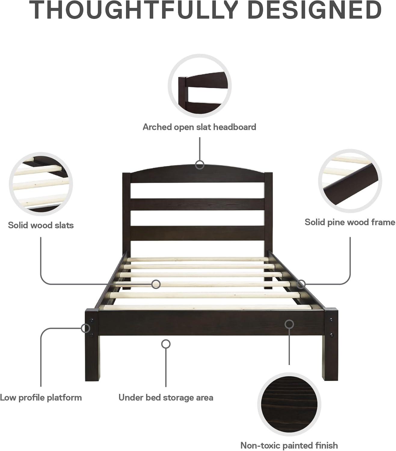 Espresso Pine Twin Platform Bed with Upholstered Headboard