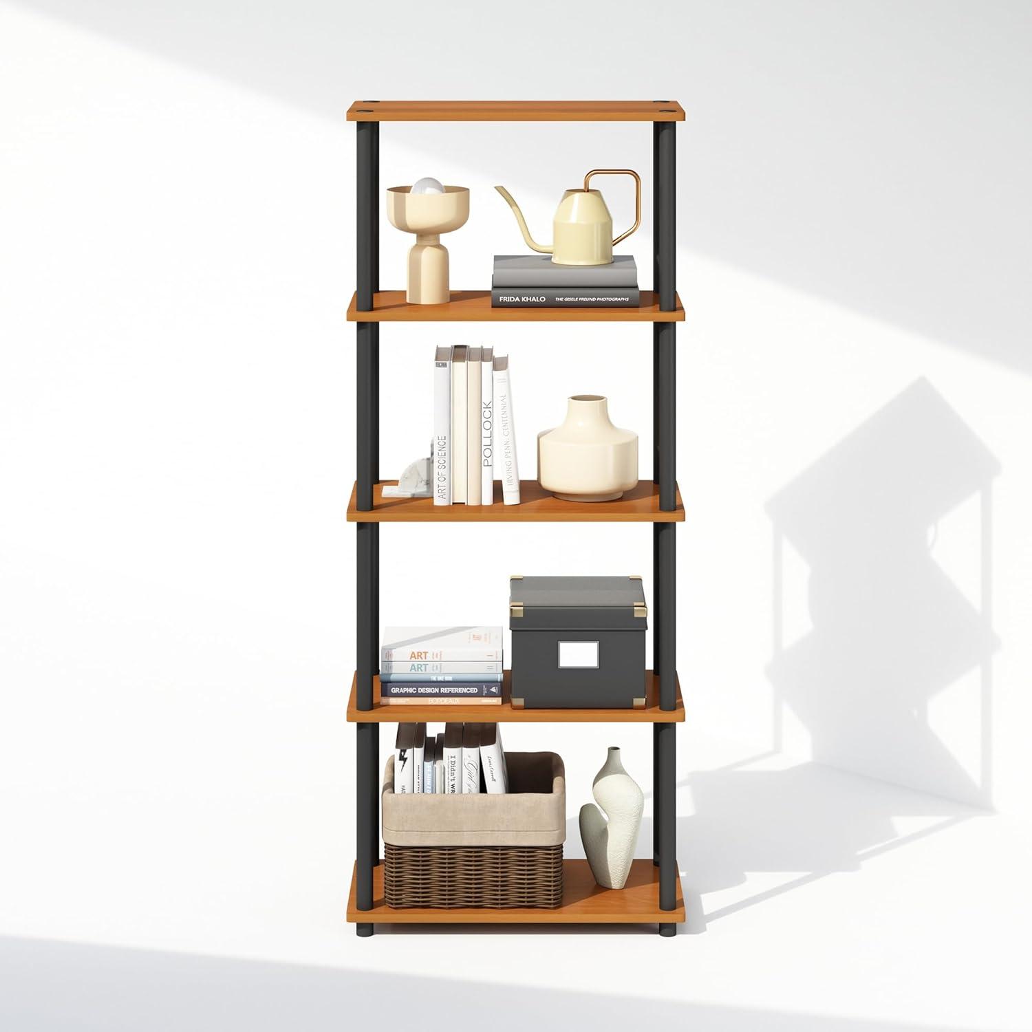 Furinno 5-Tier Tall Decorative Bookshelf Storage Bookcase Open Multipurpose Shelves Display Rack for Living Room&Home Office,Light Cherry/Black