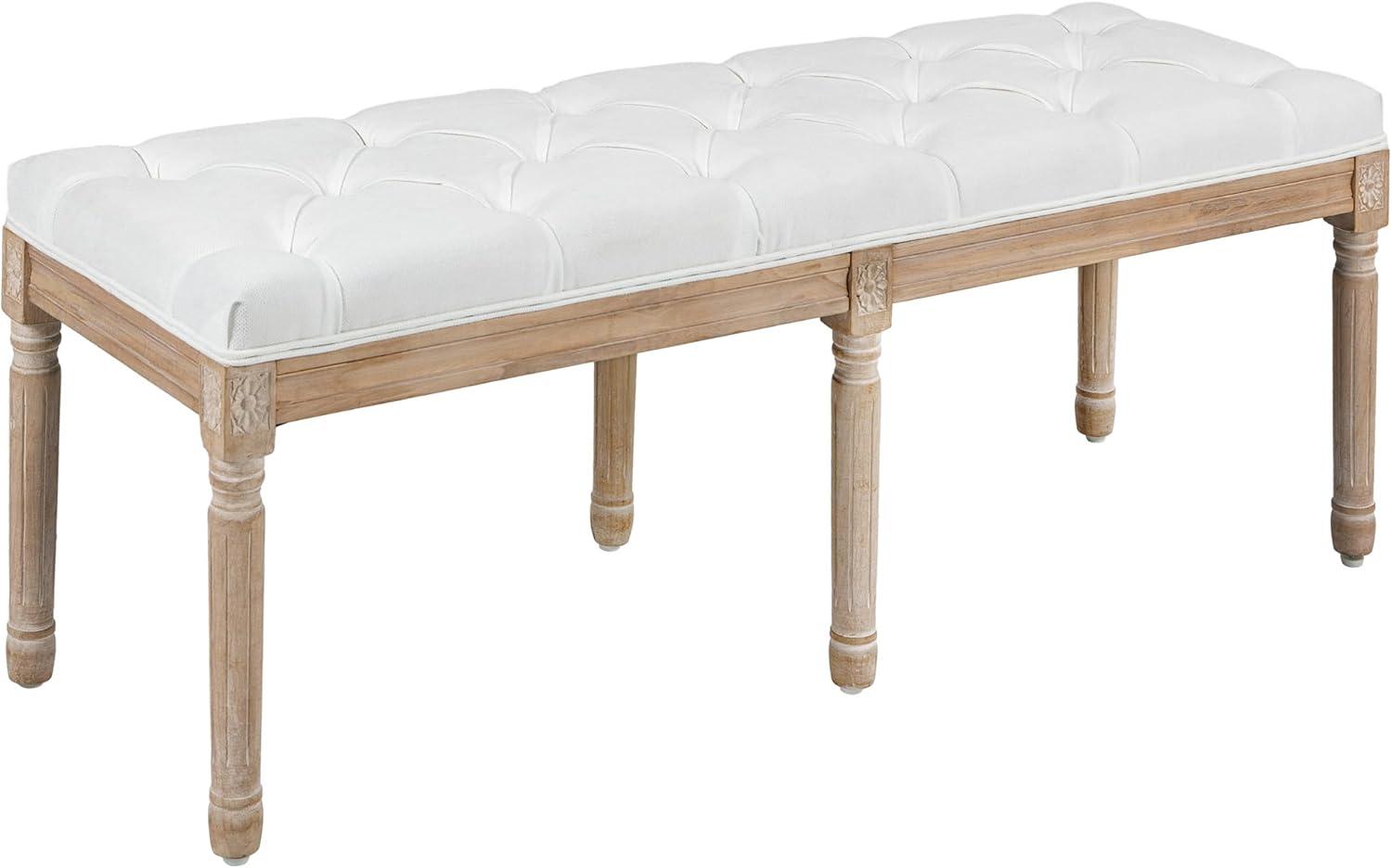 HOMCOM French Vintage Style End of Bed Bench, Linen Upholstered Bench with Thick Padded Seat and Wood Legs, Tufted Bedroom Bench, Cream White