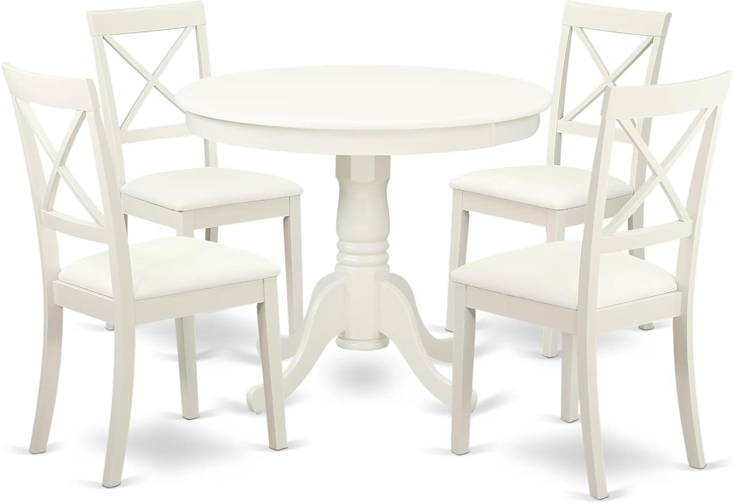 East West Furniture Antique 5-piece Dining Set with Leather Seat in Linen White